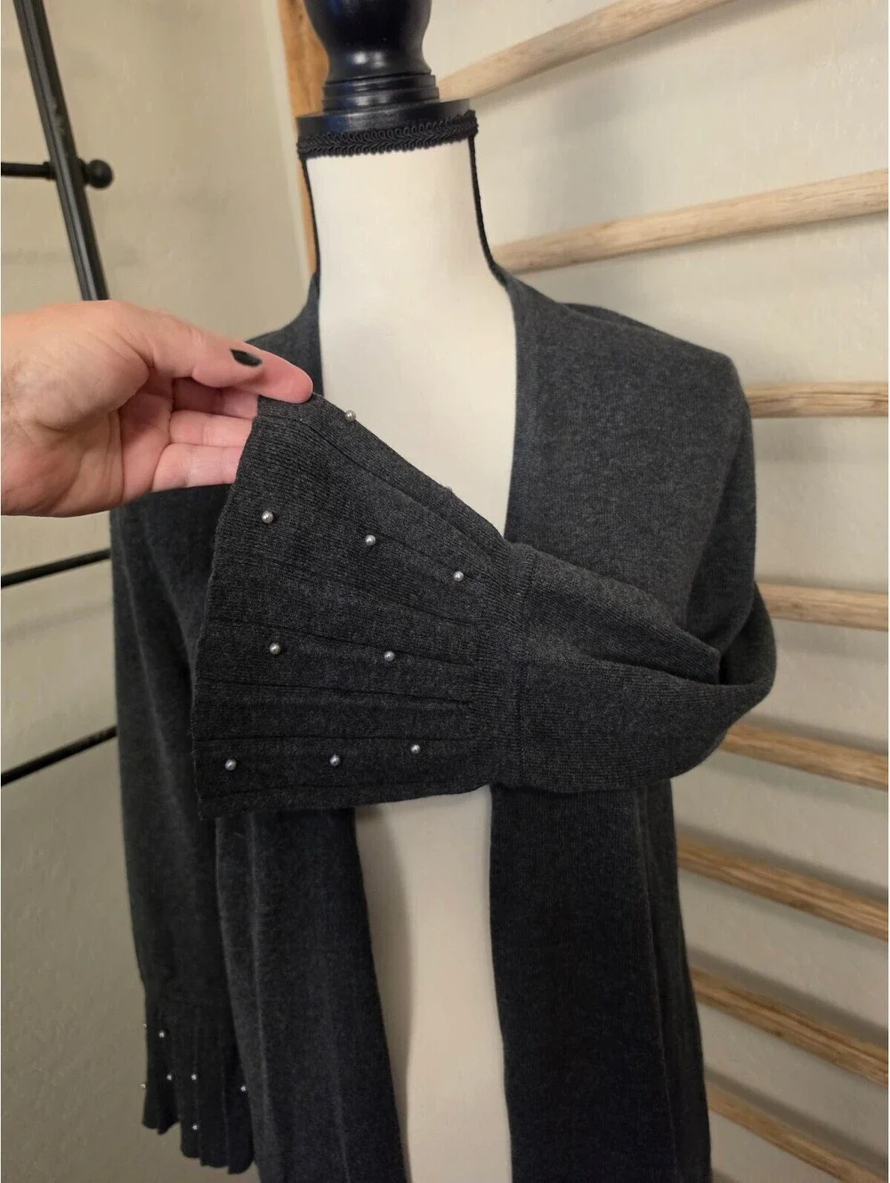 Chico's NWT Charcoal Gray Open Front Cardigan Pearl Pleated Bell Sleeve Sweater